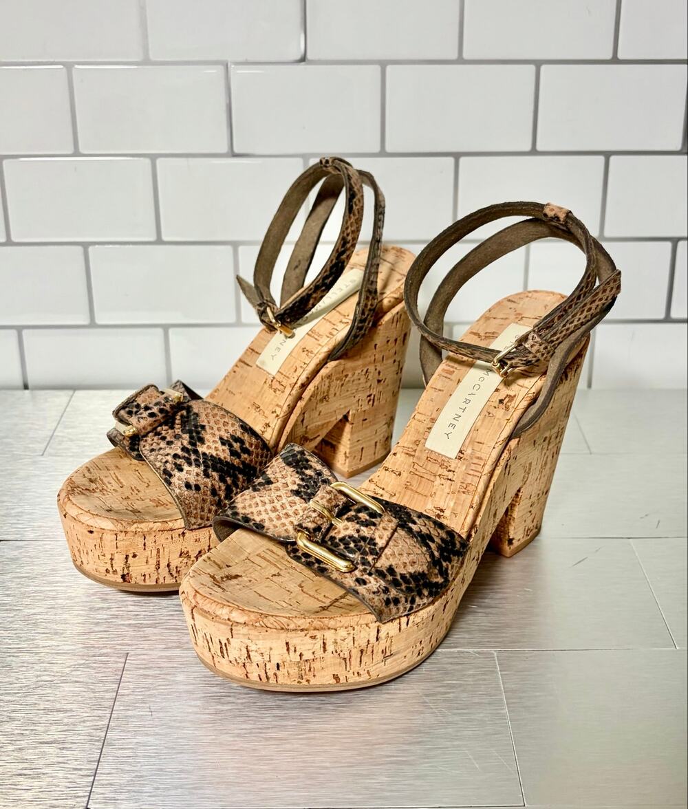 Stella McCartney Beige Faux Python Leather Cork Platform Sandals Size W 5 EU 35